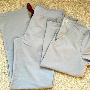 Cement grey Figs Livingston scrub pants and Catalina 3 pocket scrub top